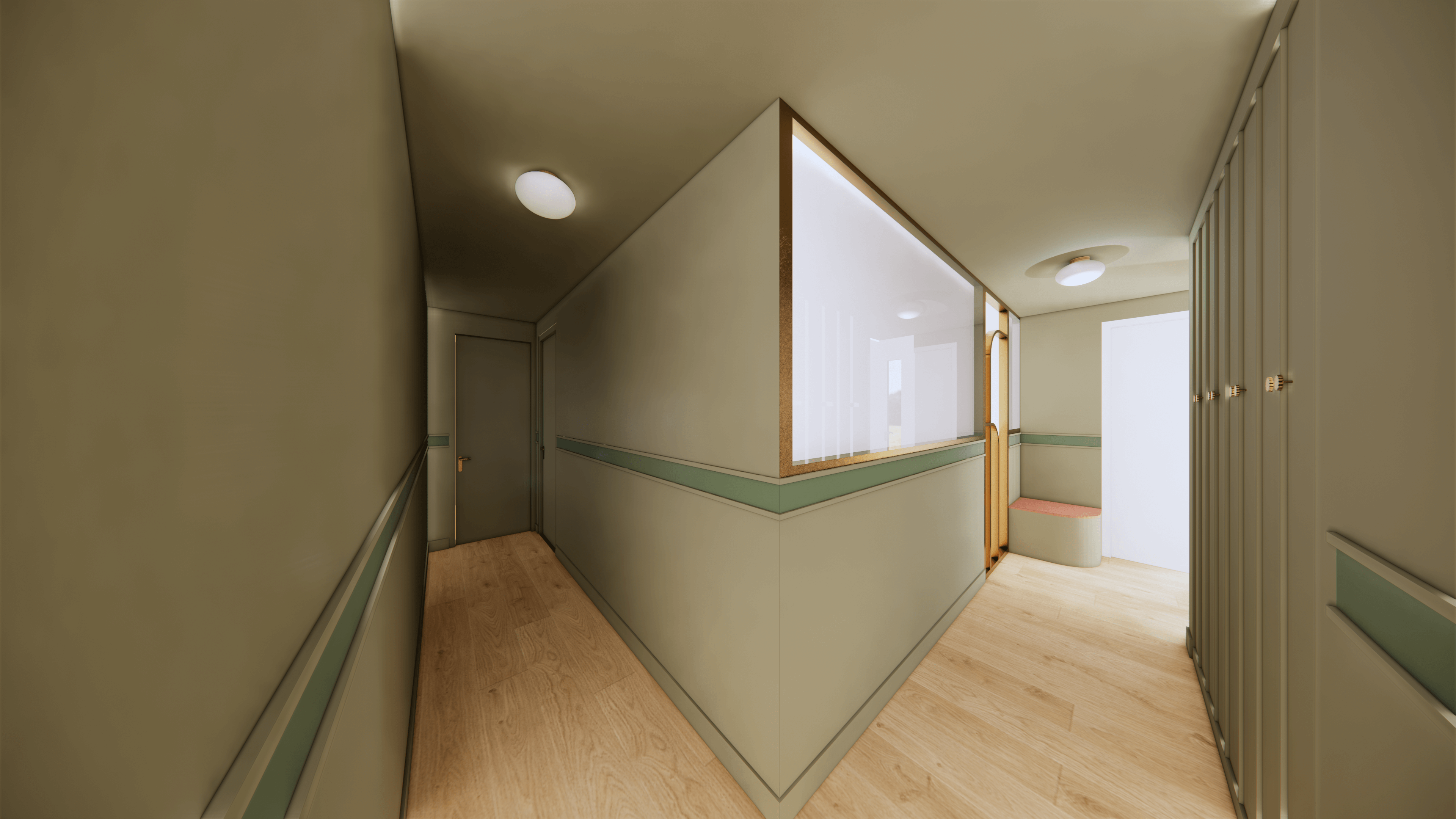 Aménagement 3D de l’entrée avec un color block kaki enveloppant et des détails en laiton. Une solution design pour optimiser un espace d’accueil dans un projet de décoration intérieure en Rhône-Alpes