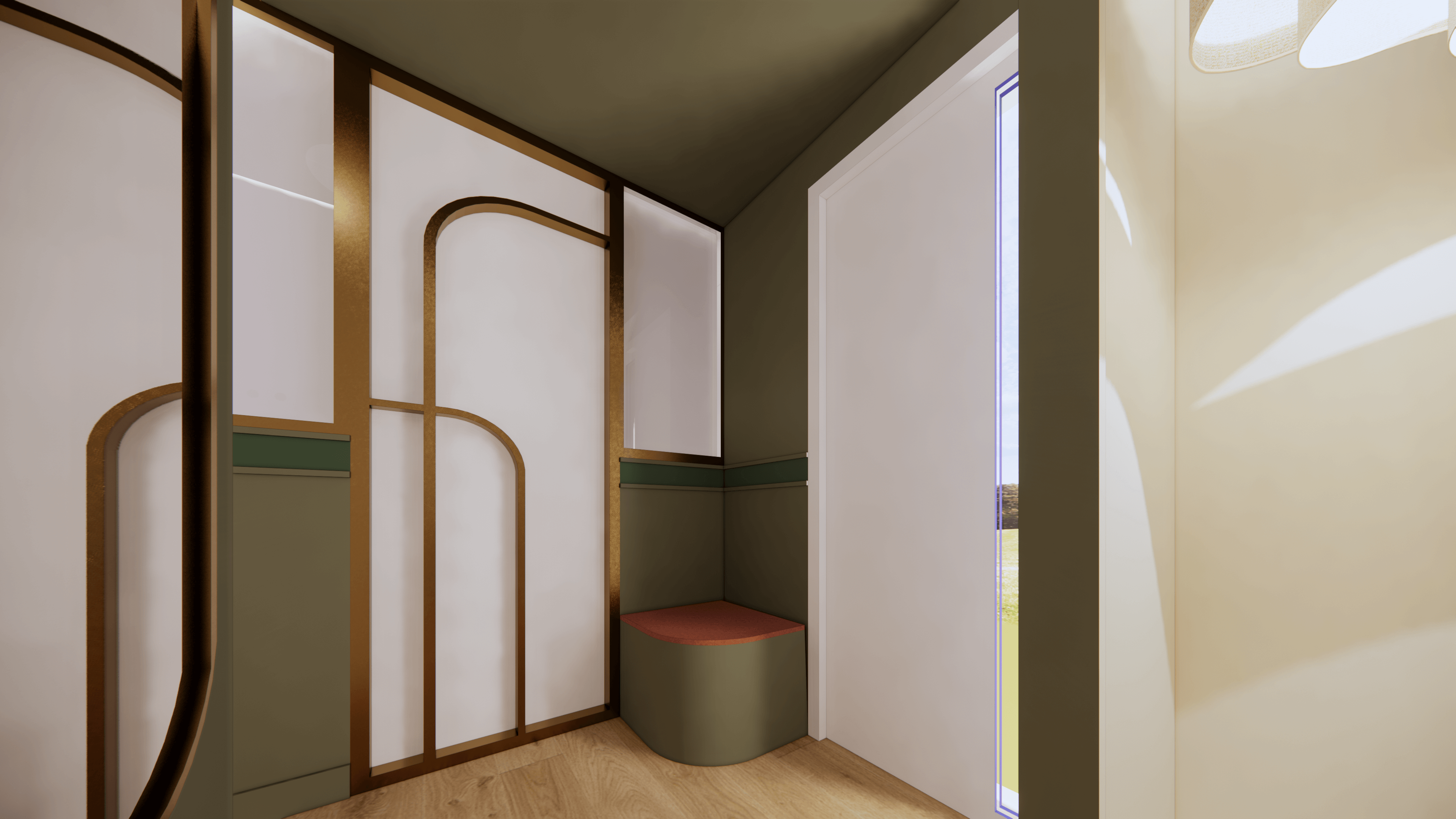 Visualisation 3D de l’entrée transformée. Banquette sur mesure arrondi en harmonie avec un color block kaki et des touches de laiton, créant un design chaleureux et moderne pour un accueil soigné.