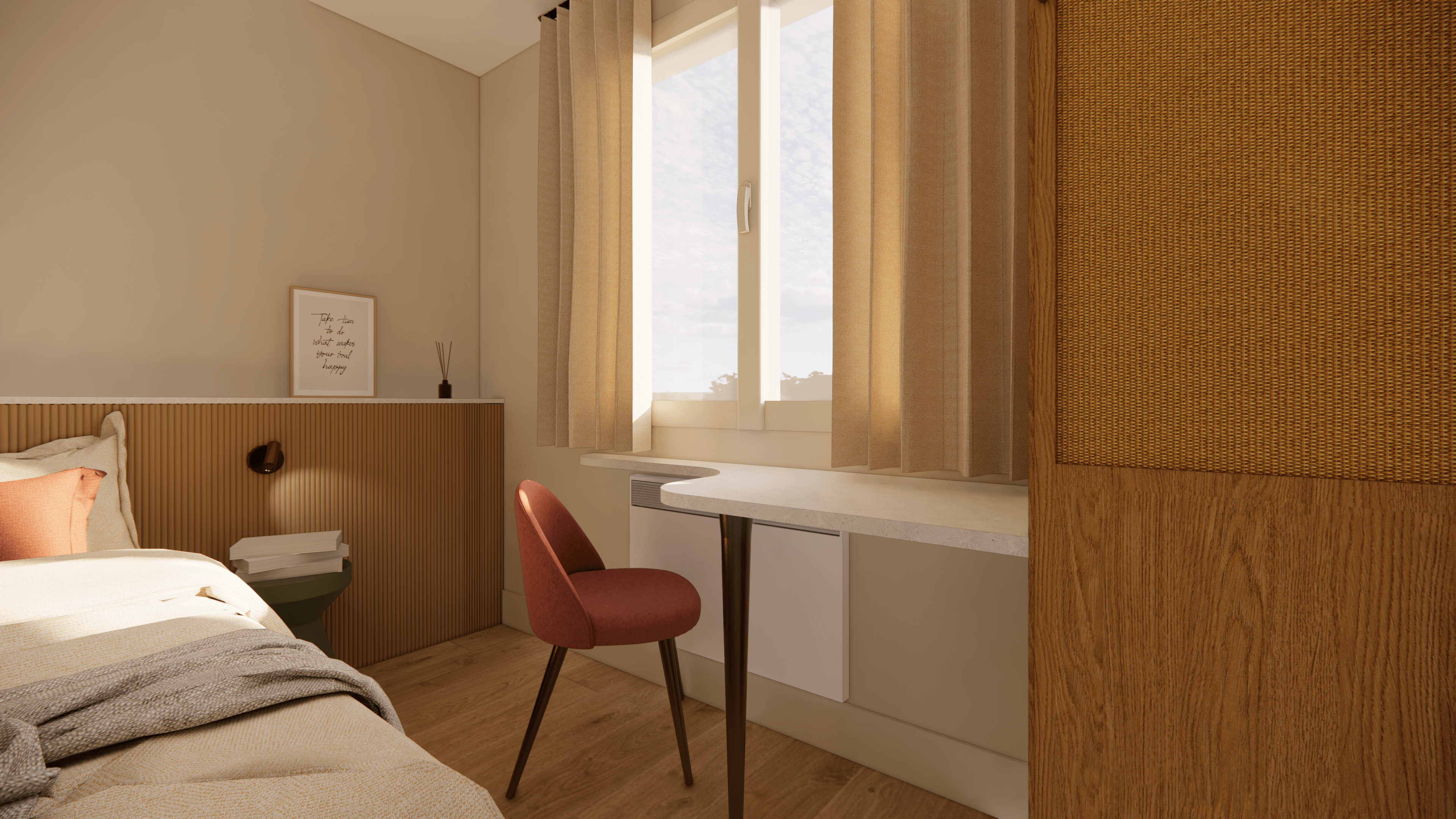 Représentation 3D de la chambre réaménagée. Un design sur-mesure alliant palette douce, mobilier fonctionnel et matériaux nobles pour des nuits paisibles.