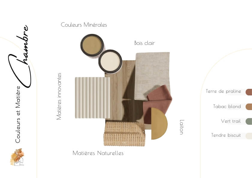 Moodboard ambiance pour l’espace nuit du projet Tamaris à Saint-Symphorien-d'Ozon. Palette de couleurs douces et terreuses, matières naturelles et textiles raffinés pour créer une atmosphère apaisante, inspirée des suites hôtelières.