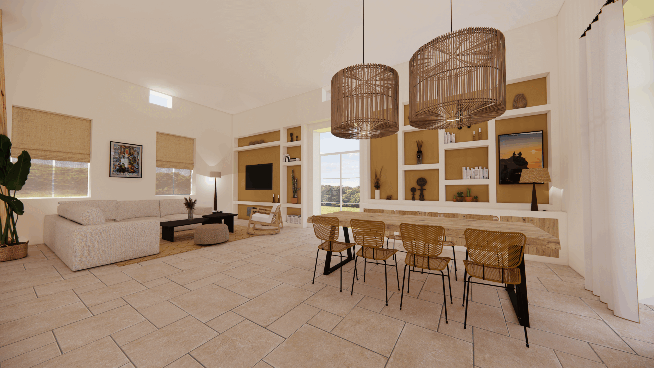 Vue 3D photoréaliste d’un projet de décoration intérieure de style bohème nomade chic, mettant en scène des niches en placo plâtre sur-mesure, design tendance et chaleureux réalisé par C Rêves Intérieurs.