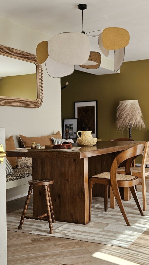 Salle à manger mix & match avec mobilier chiné, chaises Baumann, suspension Screen Market et banquette maçonnée, créant une décoration unique et chaleureuse.