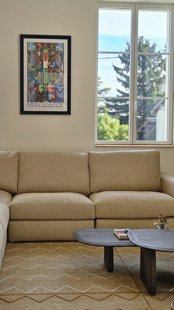 Salon chaleureux avec canapé d’angle et objets chinés – ambiance bohème chic et naturelle