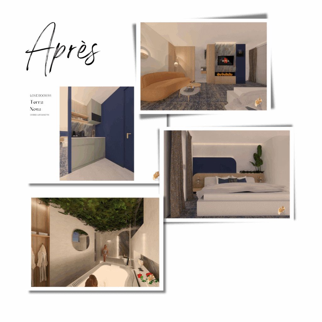 Conception et modélisation 3D de deux love rooms haut de gamme, où matières naturelles, pierre et végétal créent un univers unique et sensoriel. Un design d’intérieur sur-mesure pensé pour le confort et la détente.