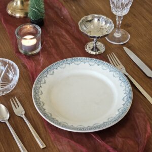 Lot de 6 assiettes plates vintage Récamier L&G – Terre de fer XIXᵉ siècle, décor Art déco bleu-vert D22,5 cm