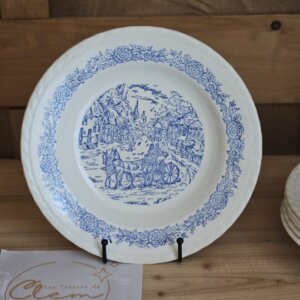 Lot de 6 assiettes creuses Beverley – Porcelaine blanche – Décor champêtre chevaux bleu