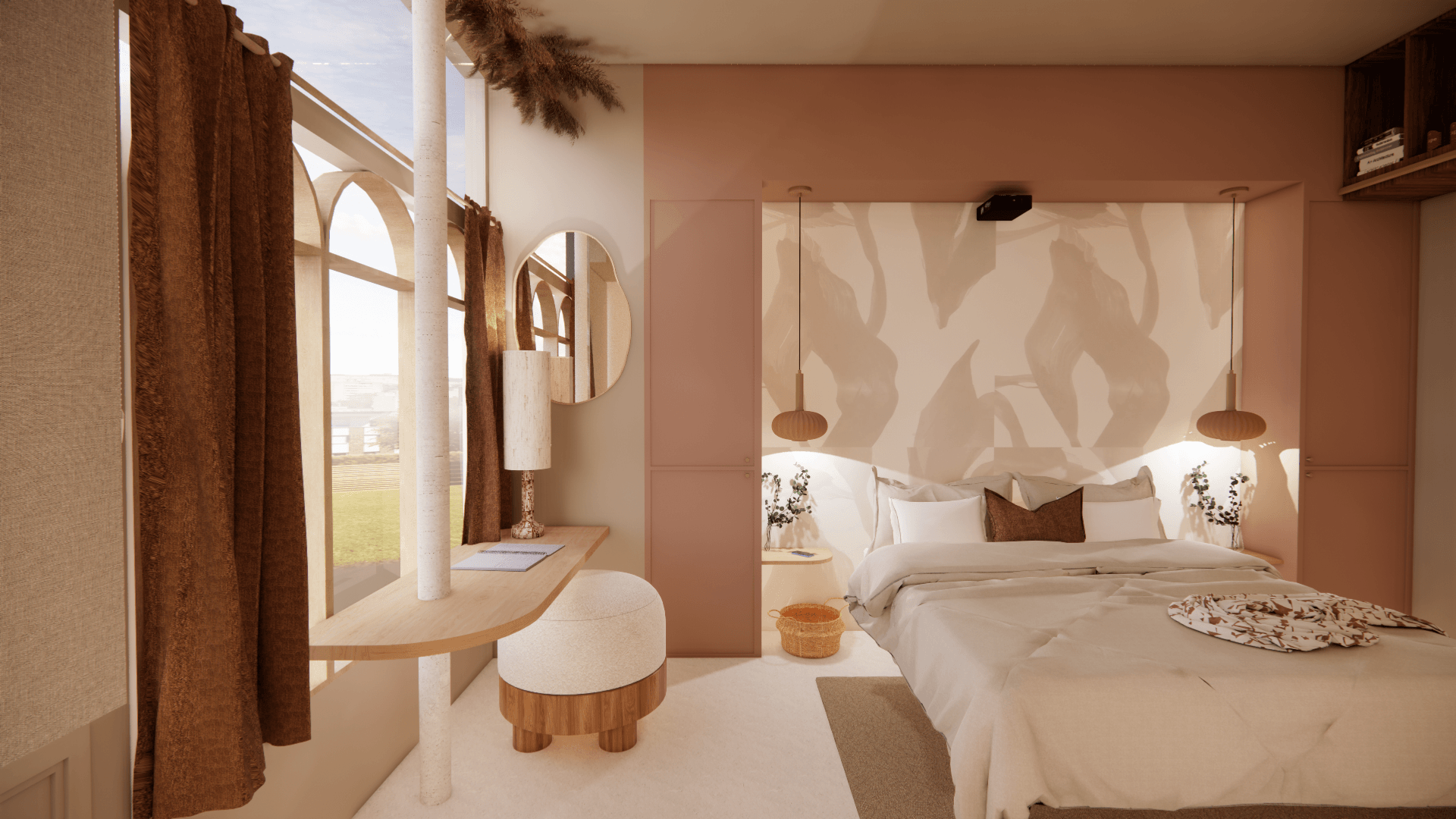 Vue 3D photoréaliste d’un projet de décoration intérieure Airbnb à Paris. Transformation d’une cave à vin en espace de vie haut de gamme, ambiance luxe en couleur moka mousse, aménagement optimisé, confort hôtelier et design intérieur raffiné.